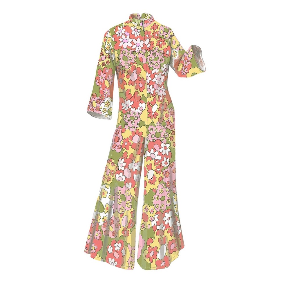 J. Peterman Psychedelic Floral Print Mandarin Collar Wide Leg Retro Mod Jumpsuit - Picture 2 of 16